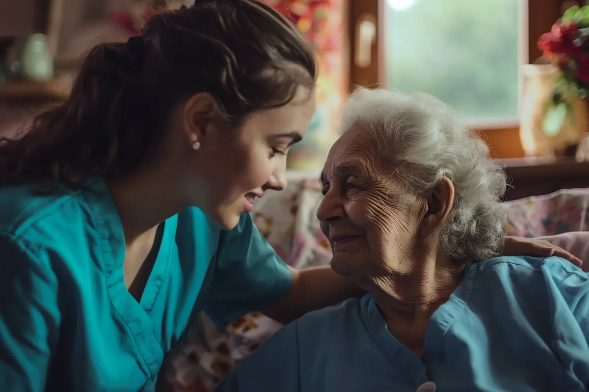 Care worker supporting an elderly woman