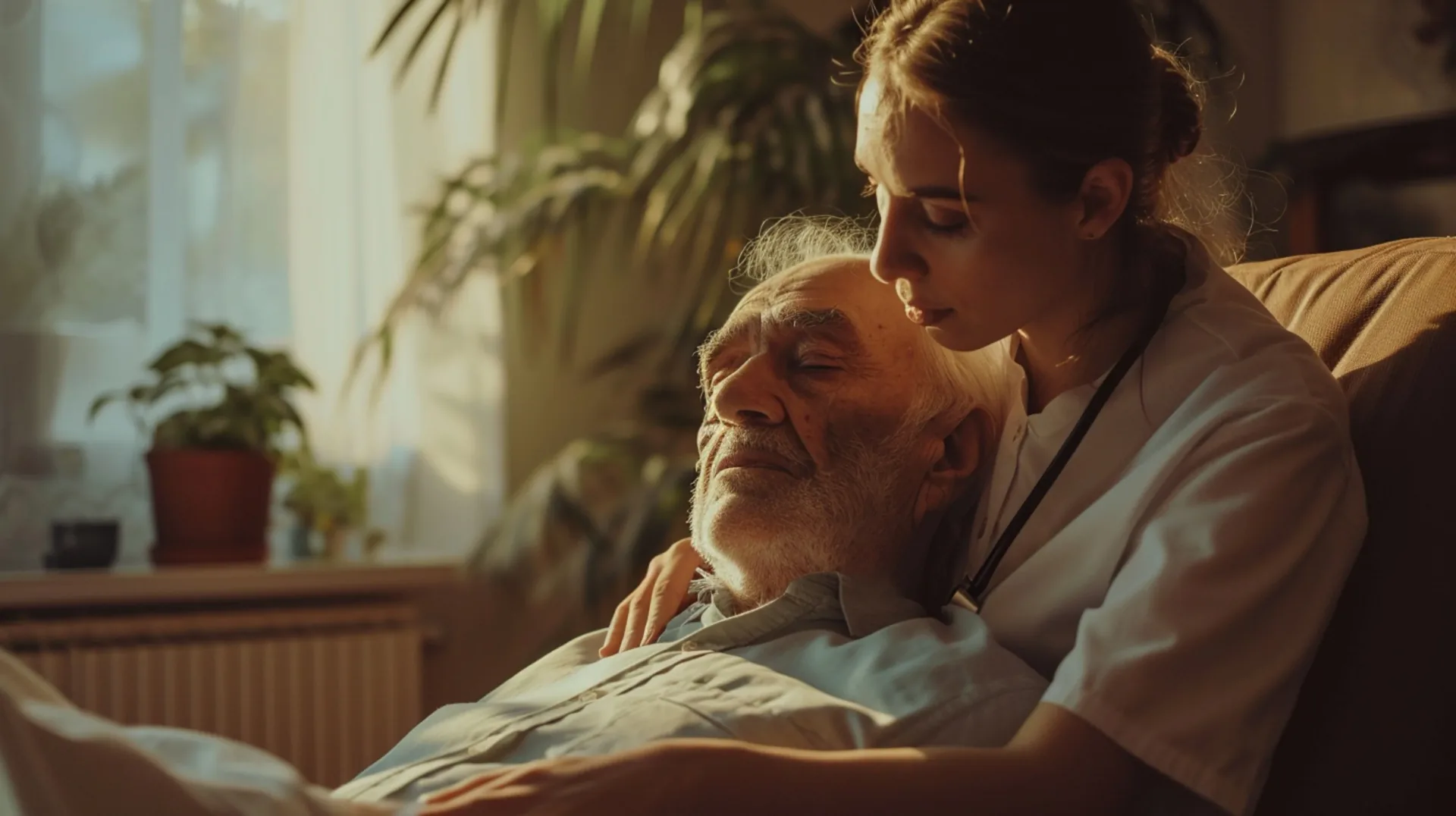 Care worker comforting an older person during end of life care
