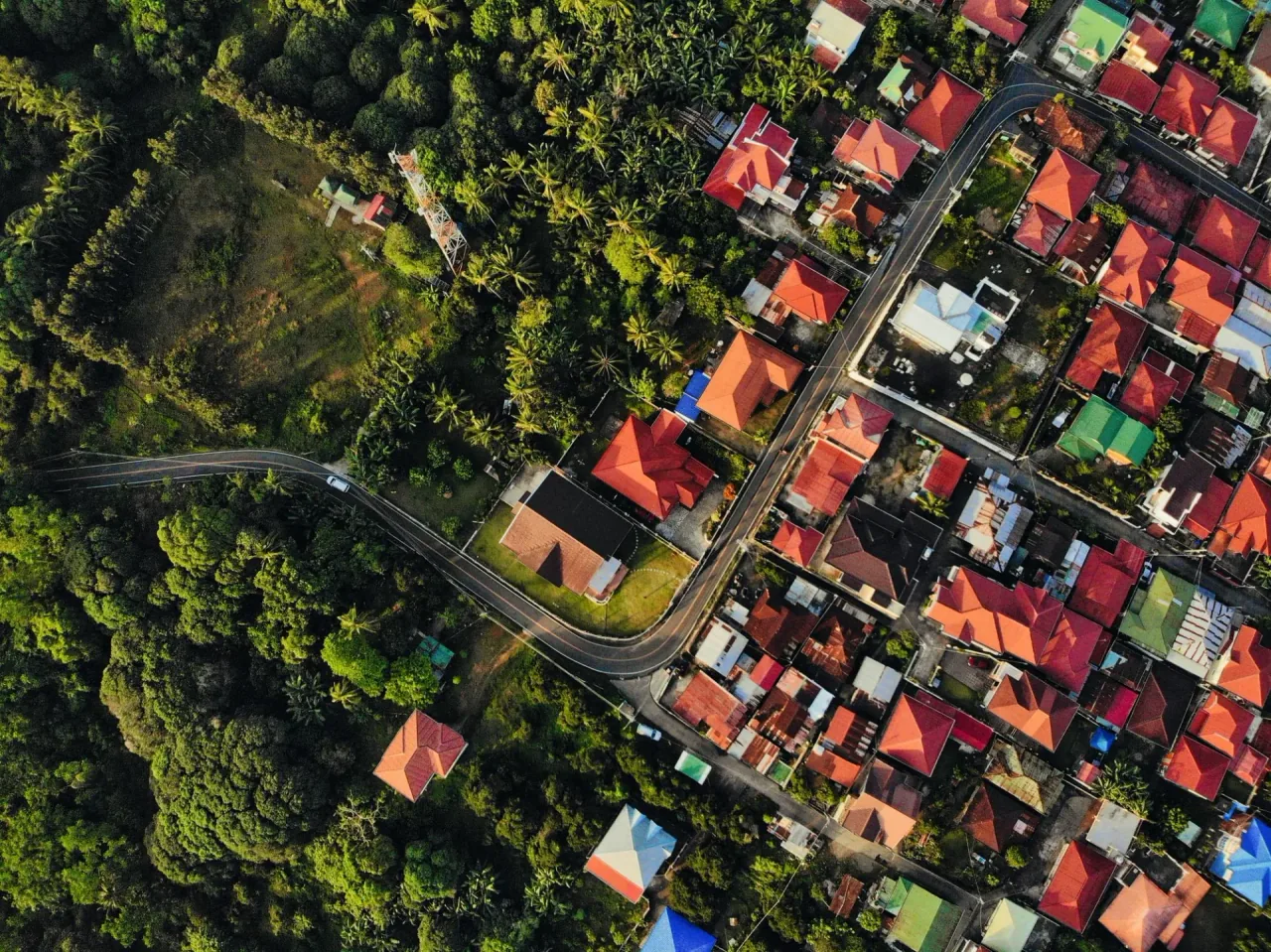 Aerial view of local homes and roads