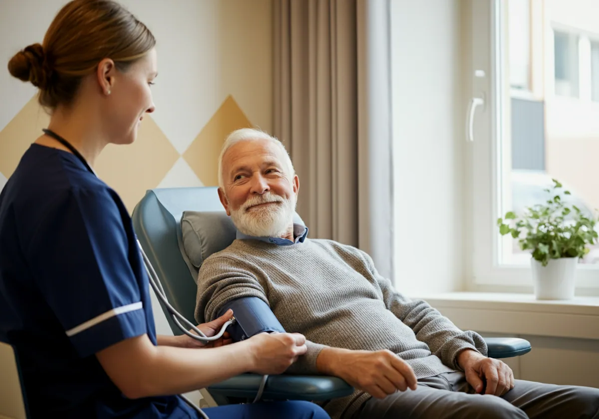 A clinical private nurse monitoring a senior patient's blood pressure parameters