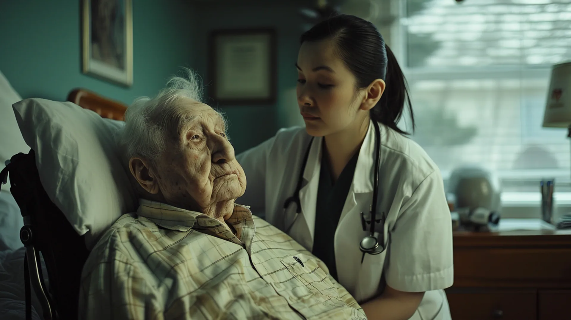 Care worker supporting an older person with muscular dystrophy