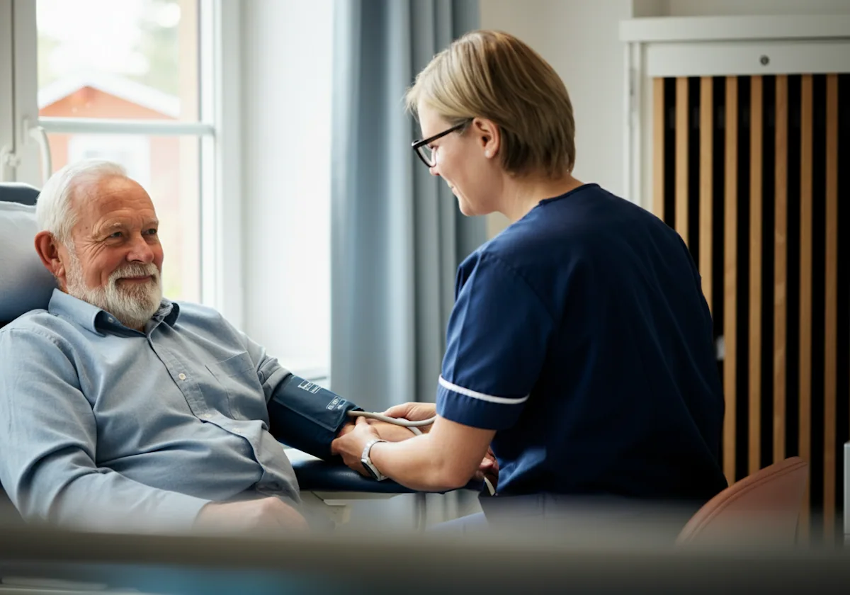 Nurse checking an older person's blood pressure