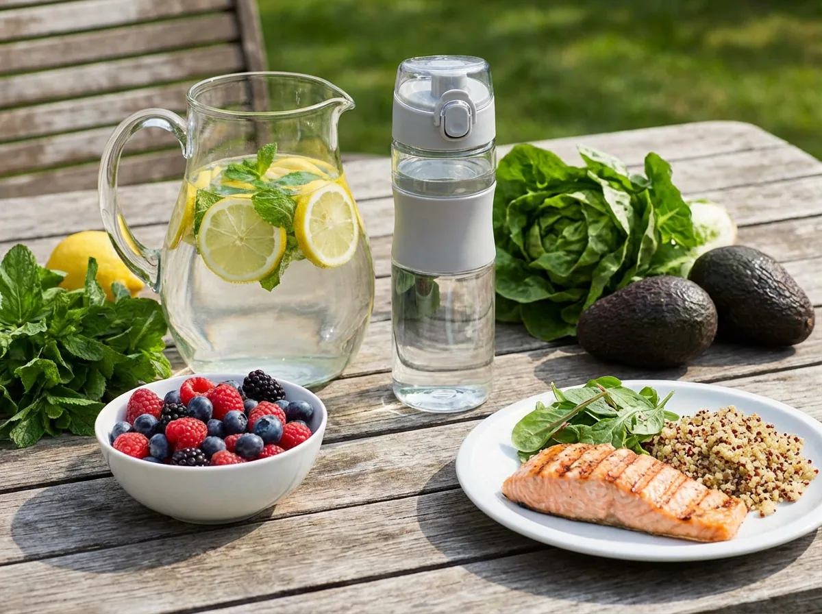 Healthy food, fruit and water for nutrition and hydration