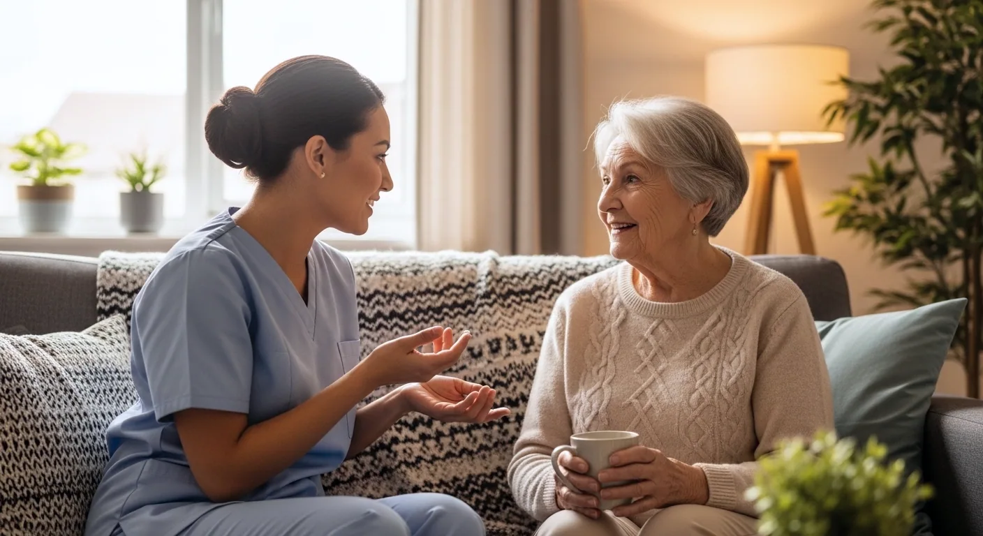 Care worker speaking with an older person about care funding