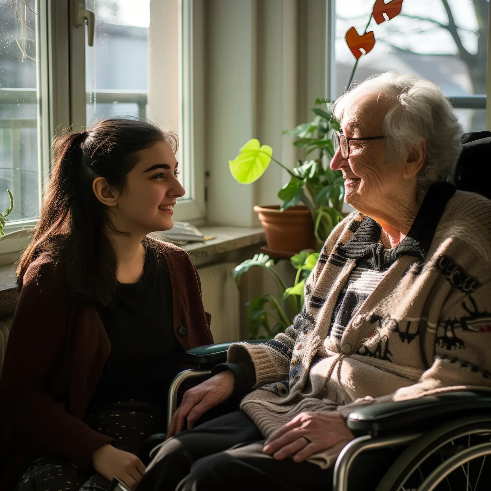 Care worker speaking with an older person by a window